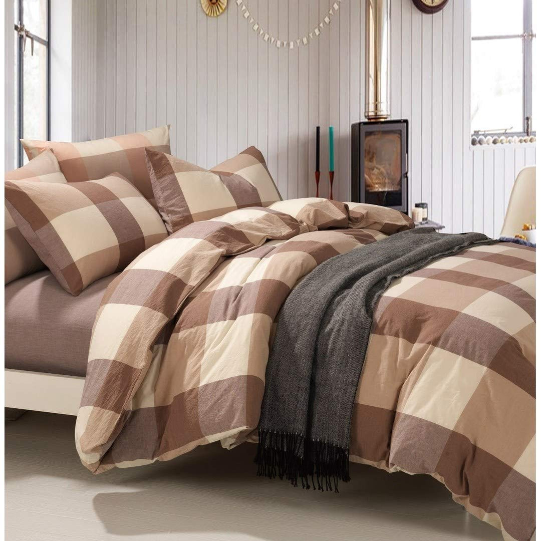 3 Piece Caramel Brown Plaid Pattern Duvet Cover Set King Tan Beige Checkered Buffalo Caramel - King