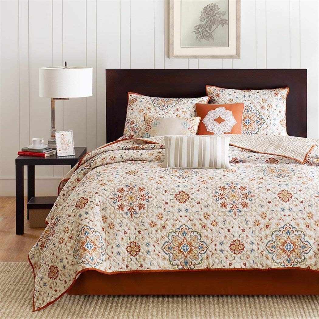 D&H 6 Piece Neutral Ivory White Rusty Orange Florals Coverlet King Set