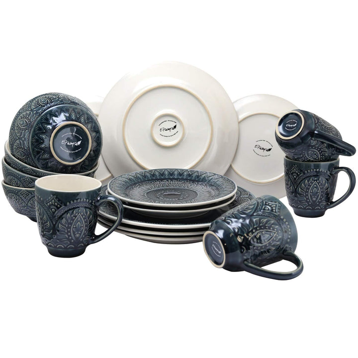 16 Piece Stoneware Dinnerware Set Blue Textured Casual Round Microwave Safe - Diamond Home USA