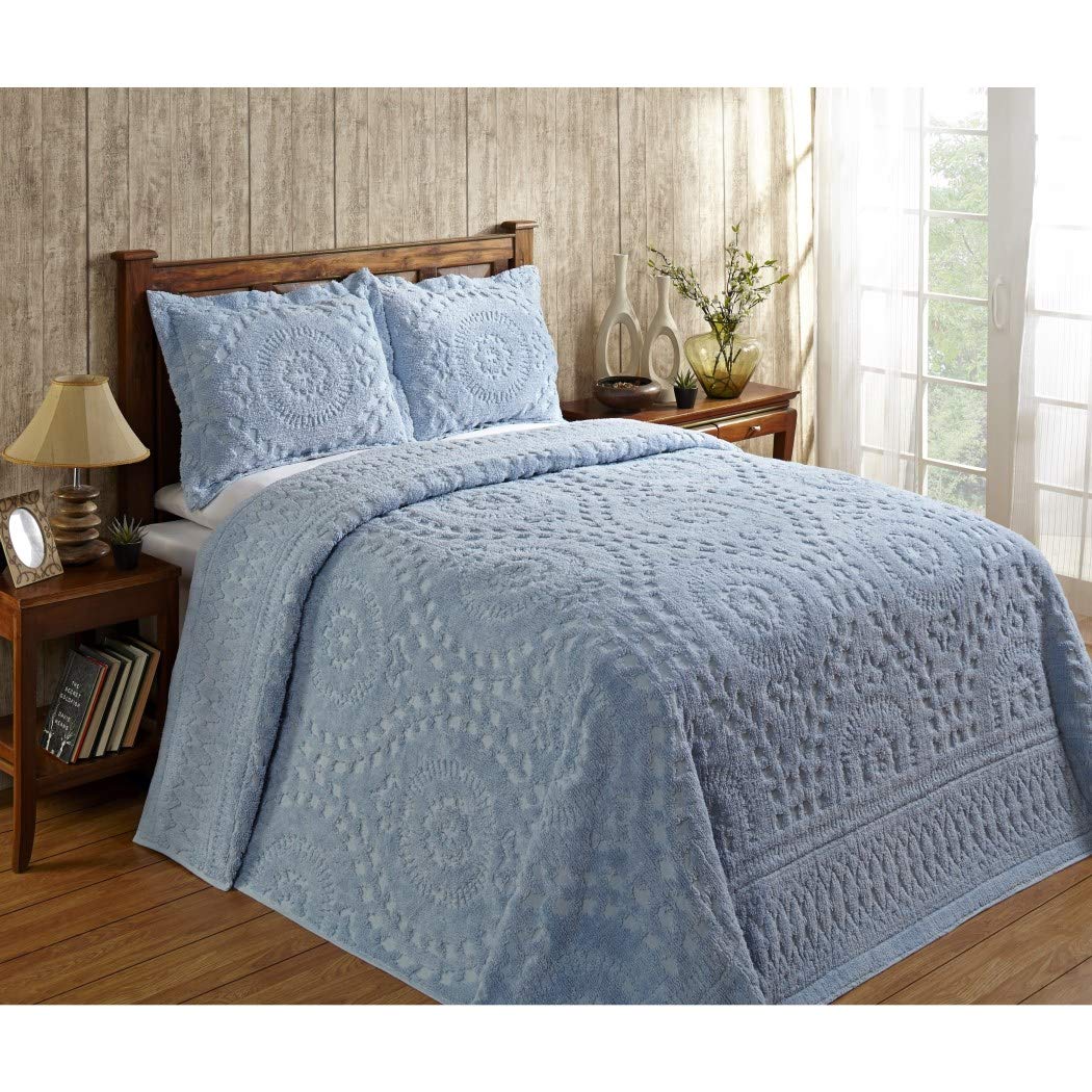 CU 1 Piece Blue Oversized Chenille Bedspread King Coastal Geometric Extra Long Blue - King