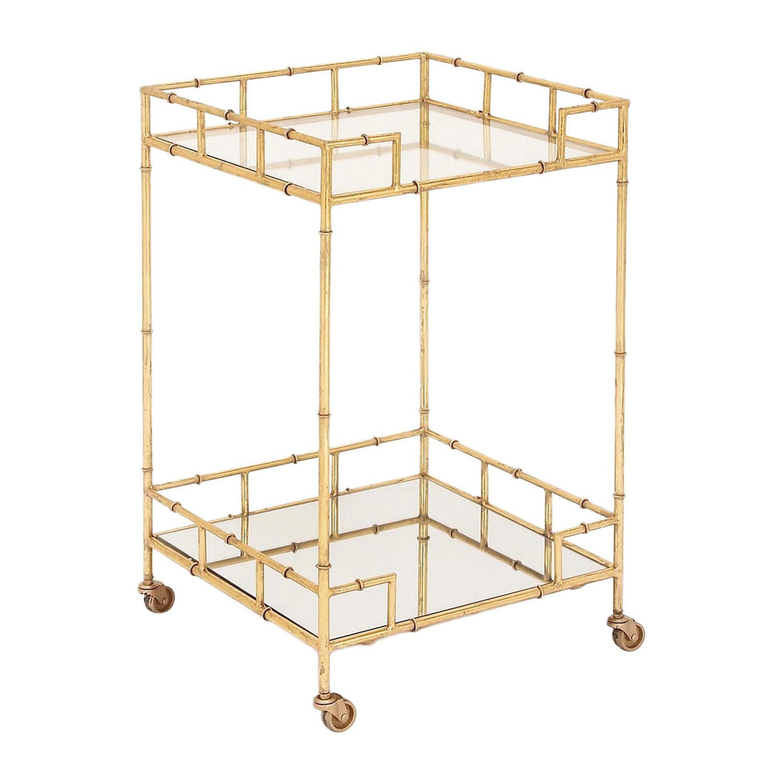 Urban Designs 7727556 Gold Leaf 2-Shelf Square Metal Mirror Mobile bar Cart Gold