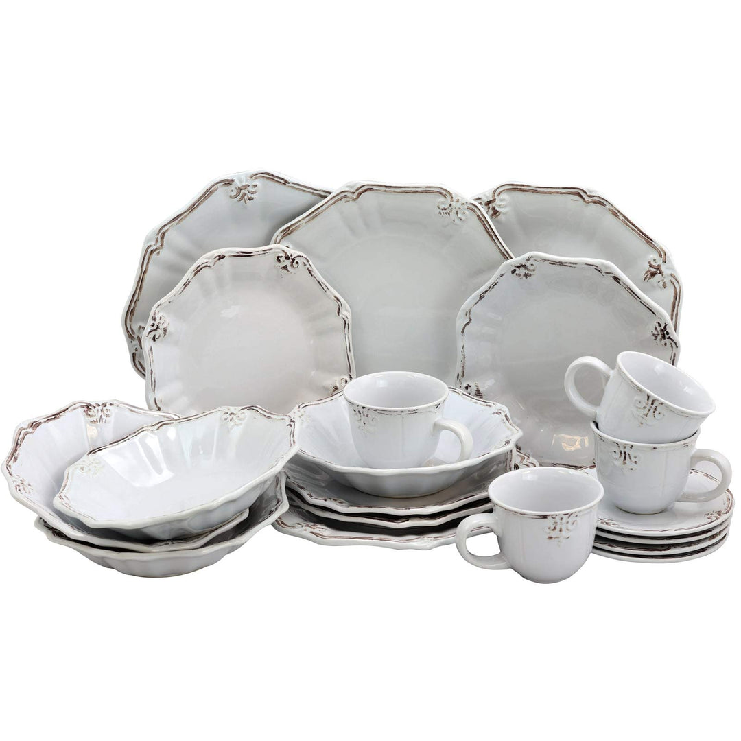 Beveled Edge 20 Piece Dinnerware Set In White Textured Casual Round Stoneware