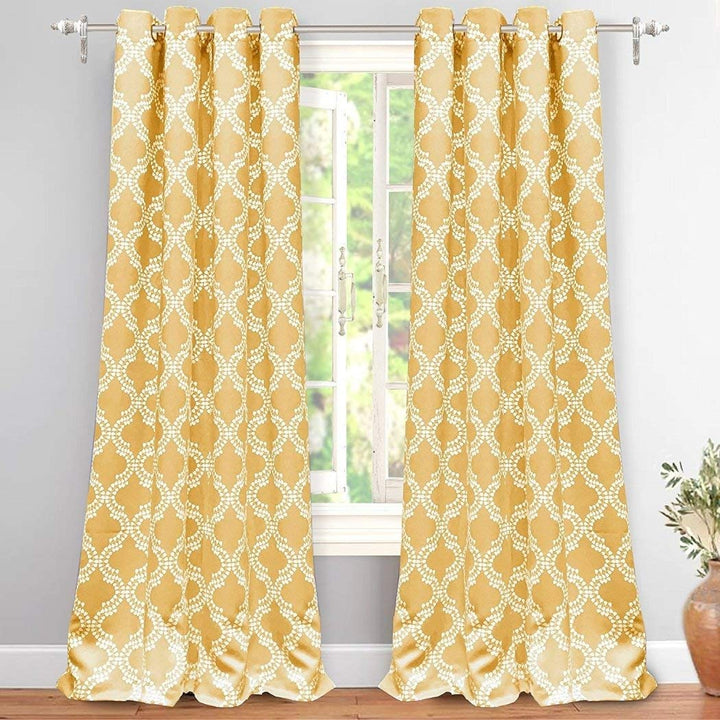 2 Piece Yellow Floral Window Curtain Set 84 Inch White Geometric Drape 52' width x 84 ' length - Gold