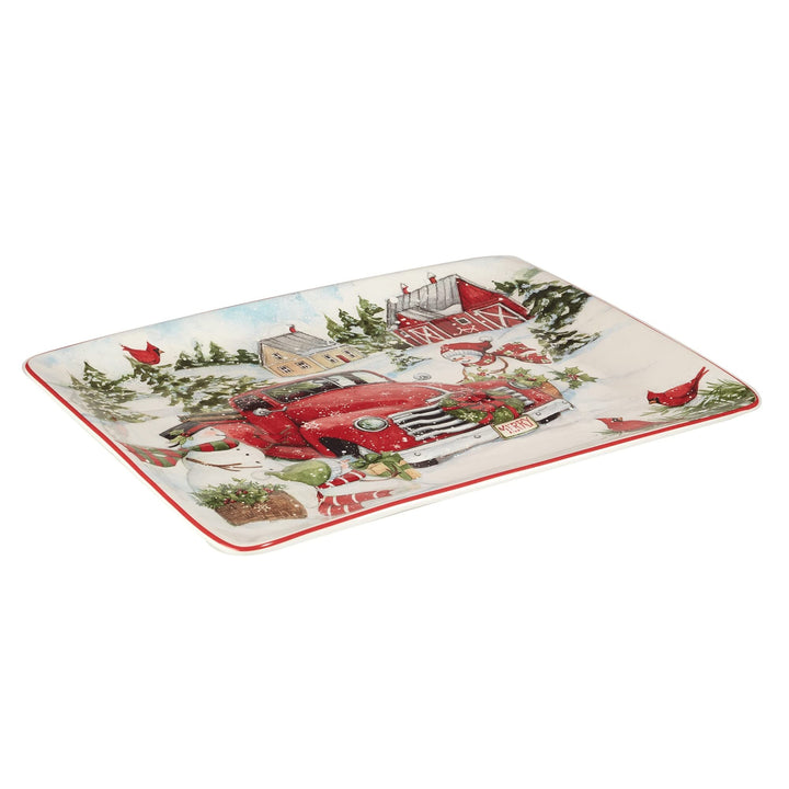 Red Truck Snowman Rectangular Platter 16" X 12" Multi Color White Casual