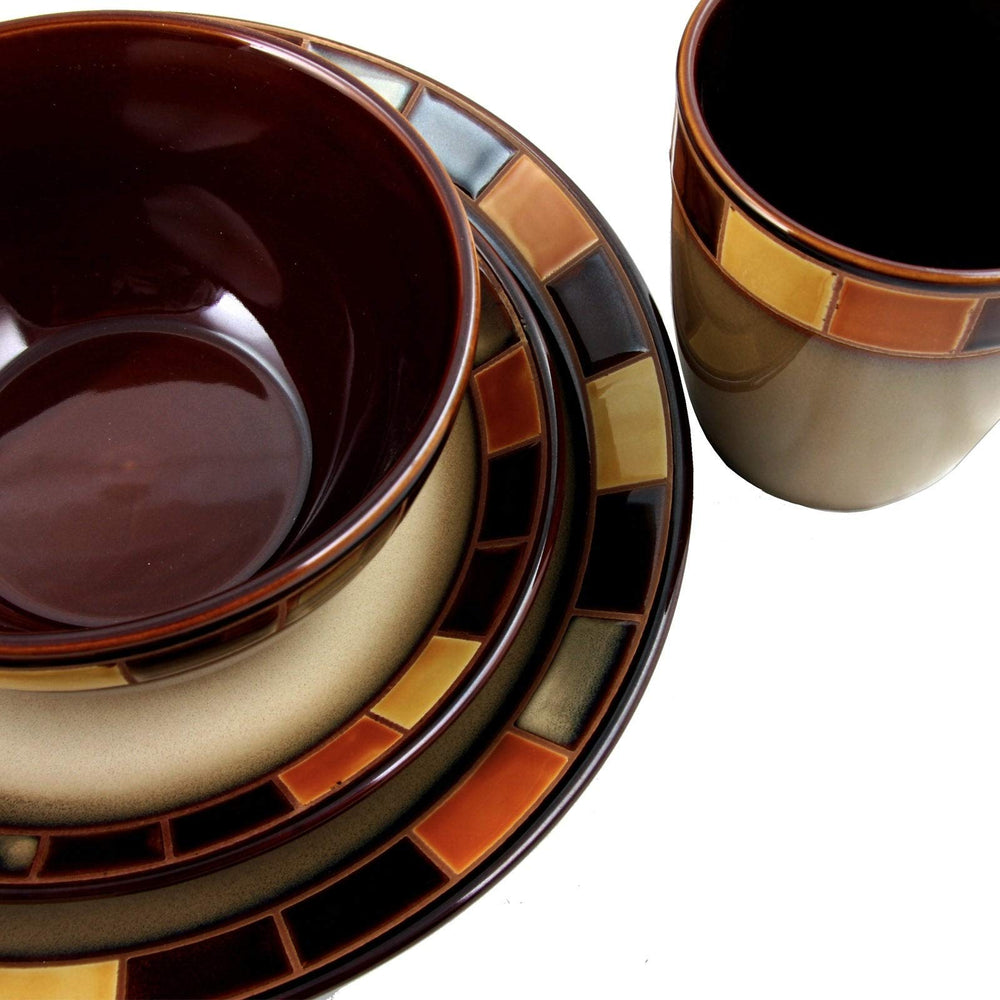 16 Piece Dinnerware Set Beige Banded Casual Round Stoneware Microwave Safe Brown - Diamond Home USA