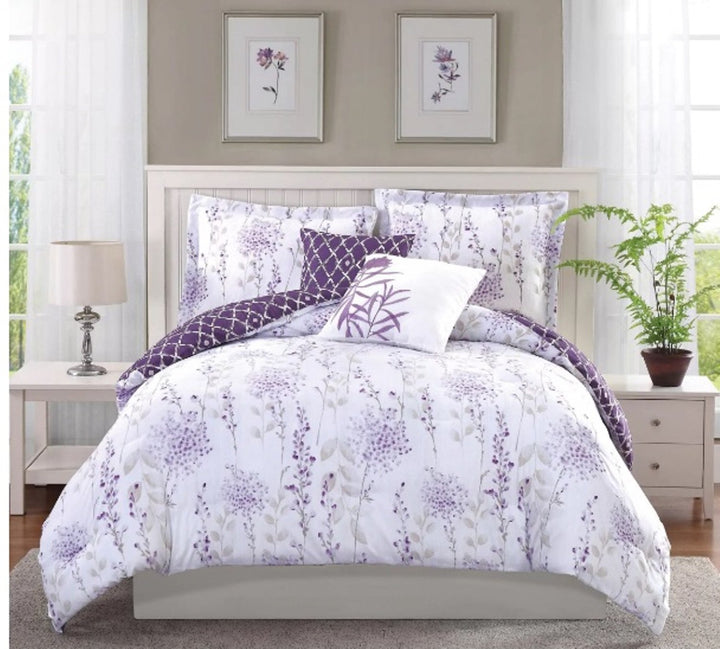 5 Piece Romantic Lavender Floral Motif Comforter Set Full/ Queen Size