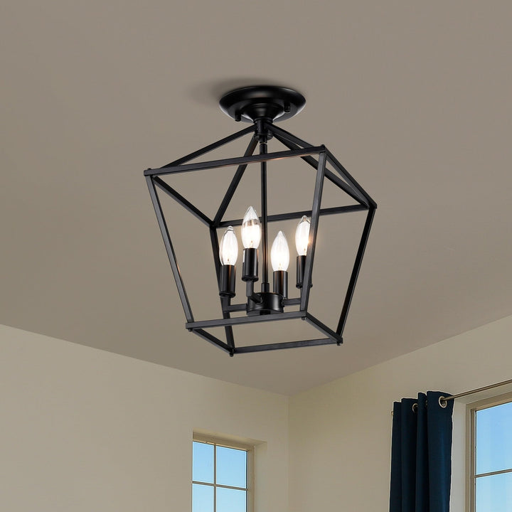 Matte Black 4-light 12 in. Cage Lantern Farmhouse Semi-flush Mount Metal