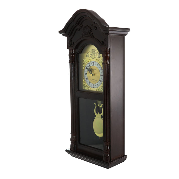 25.5 Inch Mahogany Cherry Oak Wall Clock with Chimes Brown Wood Finish