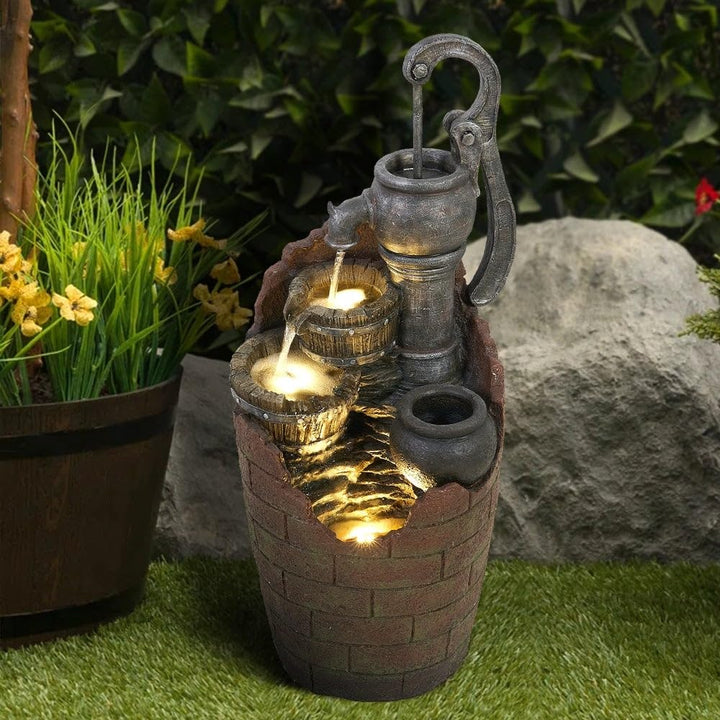 32.6-inch High Water Pump Cascading Fountain with Led Lights Brown Modern