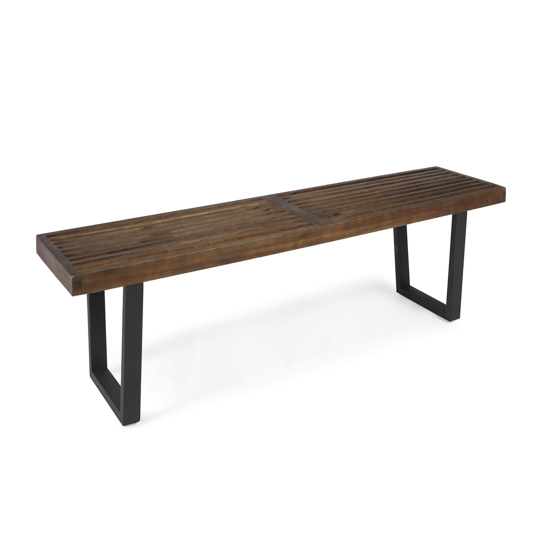 GDFStudio Patio Dining Bench Acacia Wood with Iron Legs Modern Contemporary Dark dark brown, black