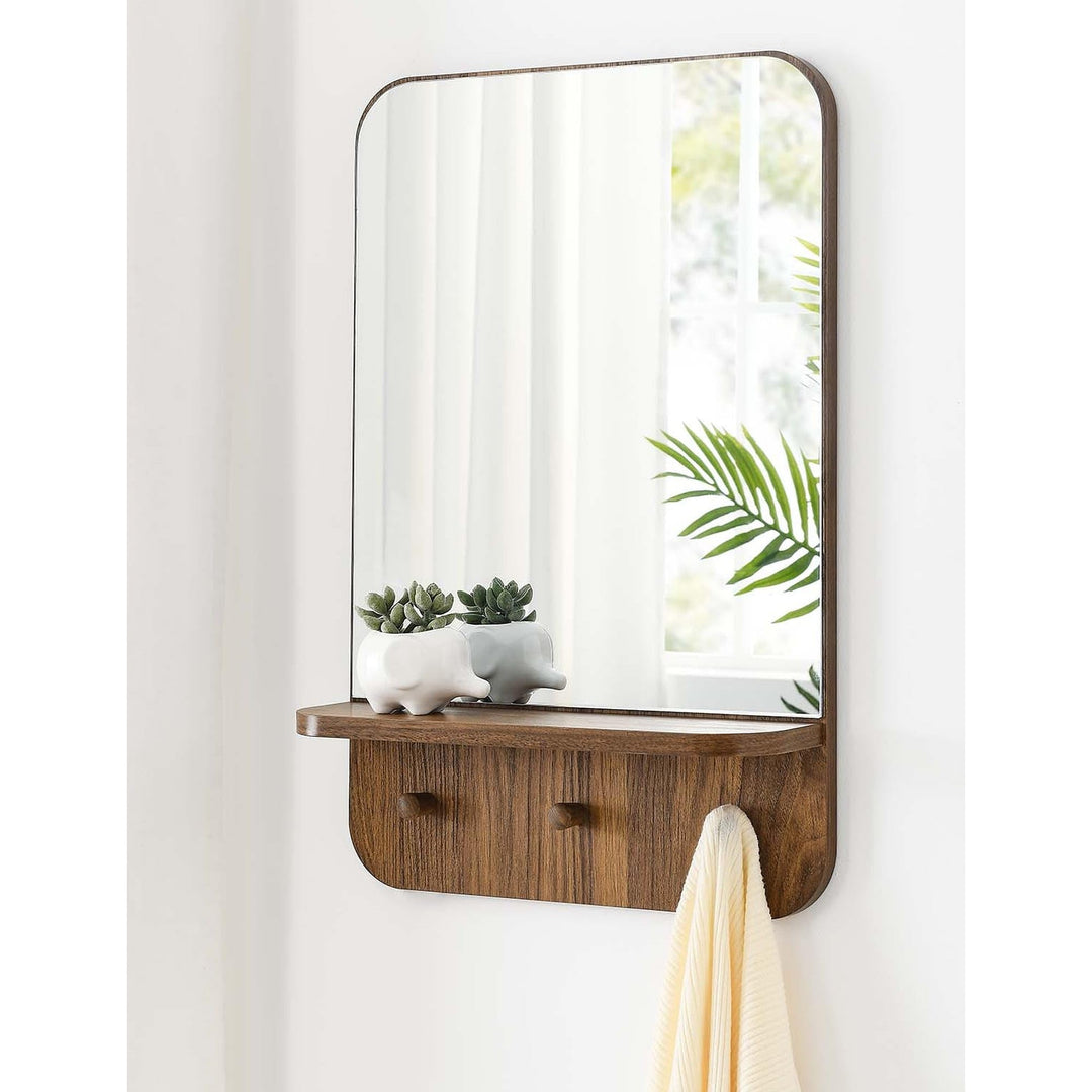 Hollow Modern Walnut Wall Mirror with Shelf and Hooks Brown Contemporary