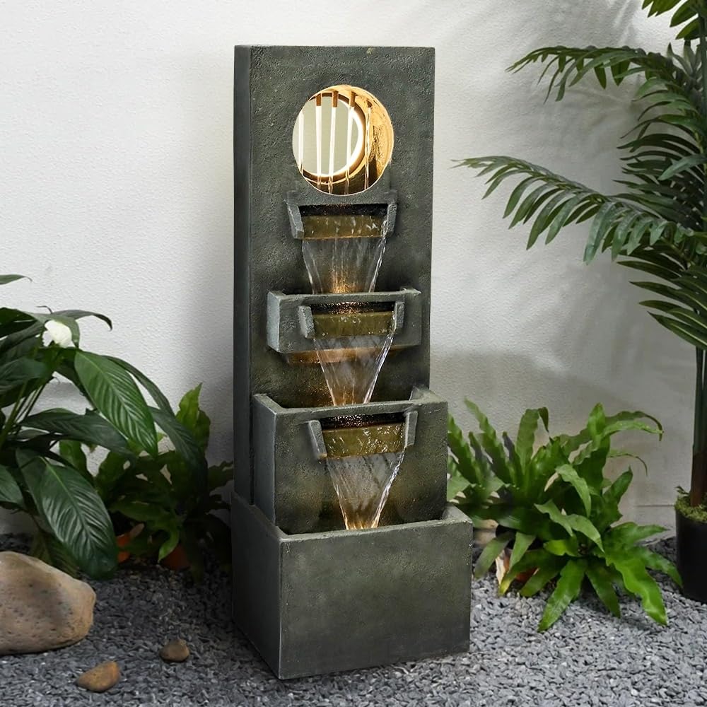 Garden Fountain Outdoor W/led Lights Indoor Modern Cascading Floor Grey