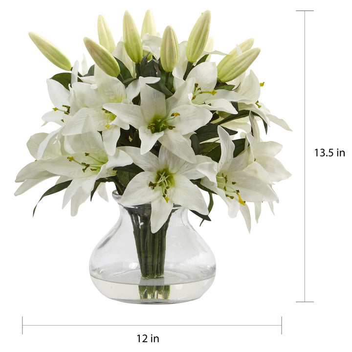 White Faux Lily Arrangement with Clear Glass Vase