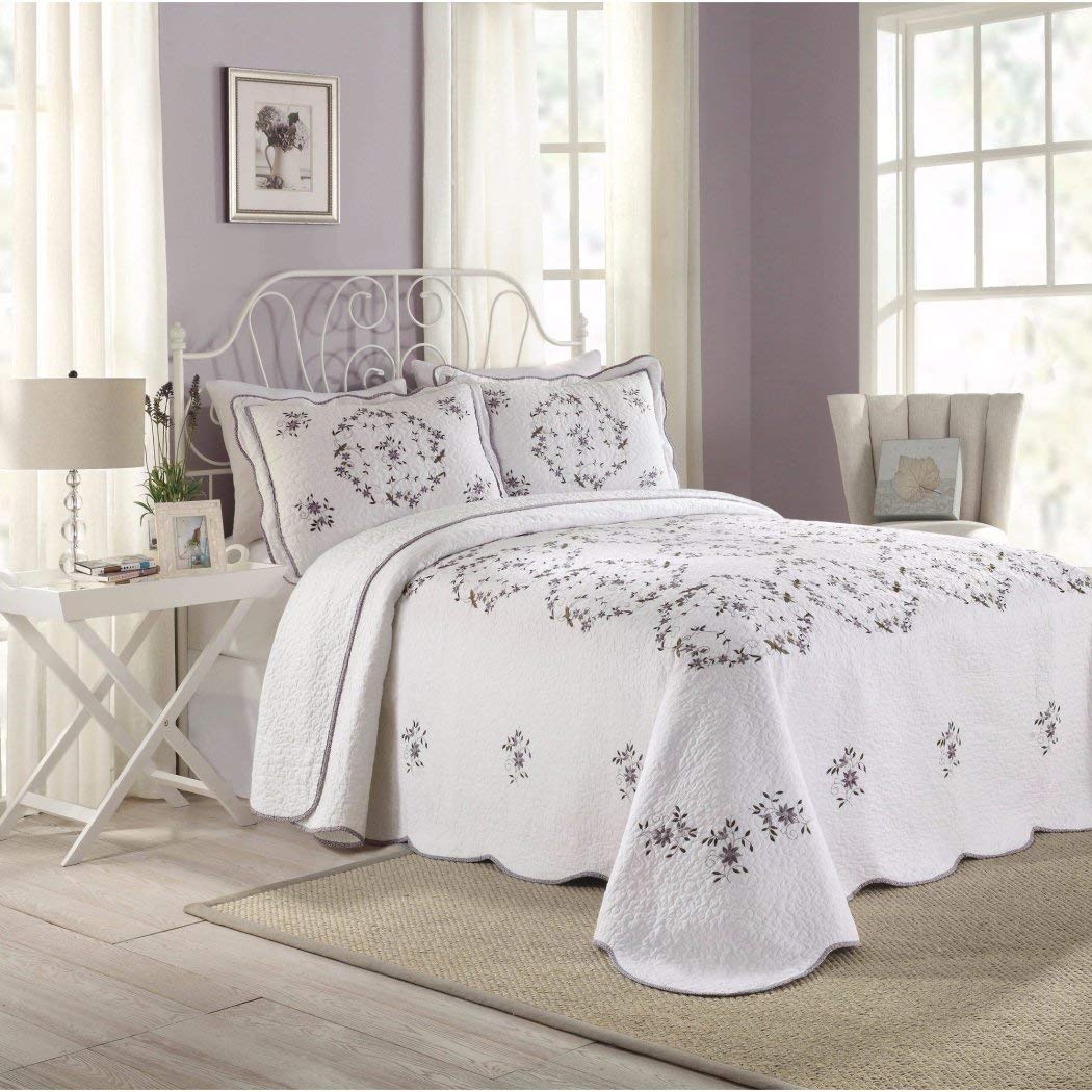 1 Piece 120 x 118 Green Off White Country Floral Oversized Bedspread King Purple - Diamond Home USA