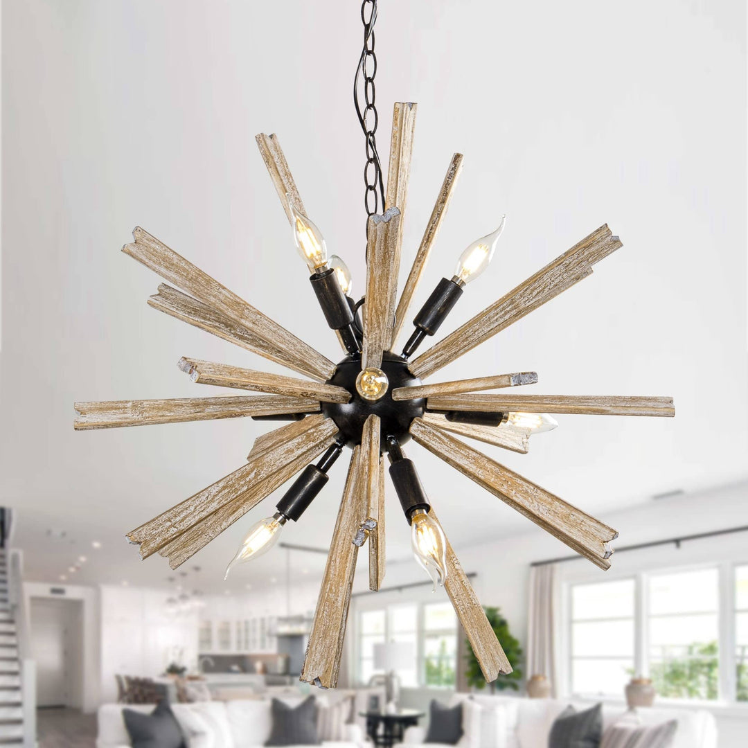 Modern 9-light Wood Sputnik Sphere Chandelier 27.2" X 25.6" Black Brown