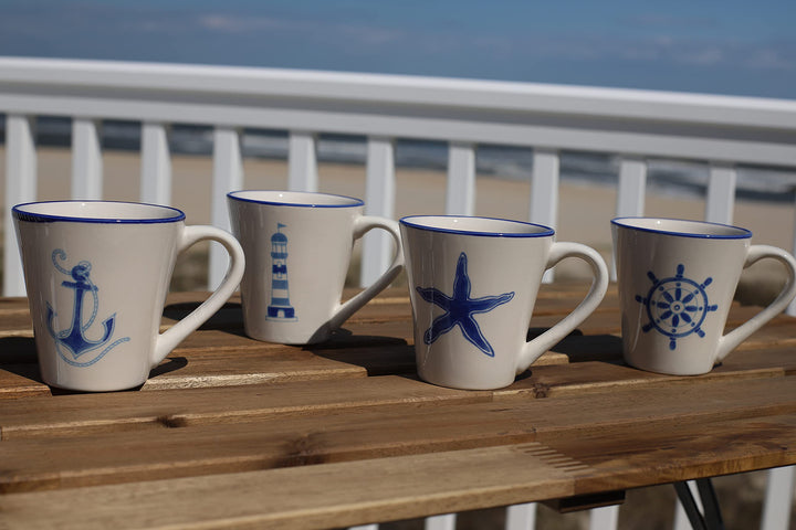 Euro Ceramica hoy Collection Nautical Ceramic Coffee/Tea Mugs 13.5oz Set of 4