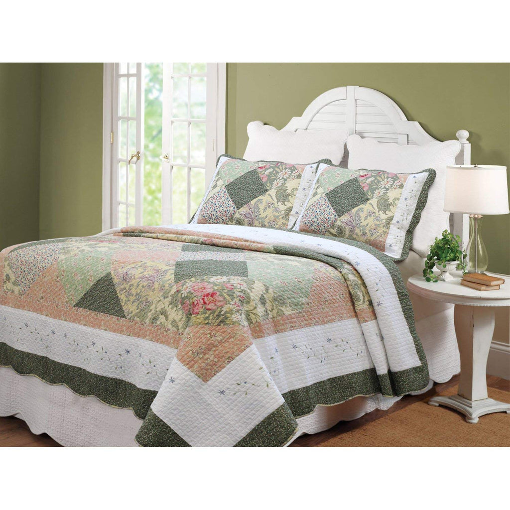 3 Piece Green White Country Style Full Queen Quilt Set Southwest French