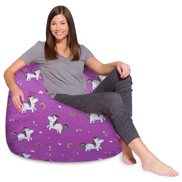 Posh Beanbags Bean Bag Chair X-Large Machine Washable - Canvas Unicorn and 48 Inches Extra Large - Canvas Unicorn and Rainbows on Purple