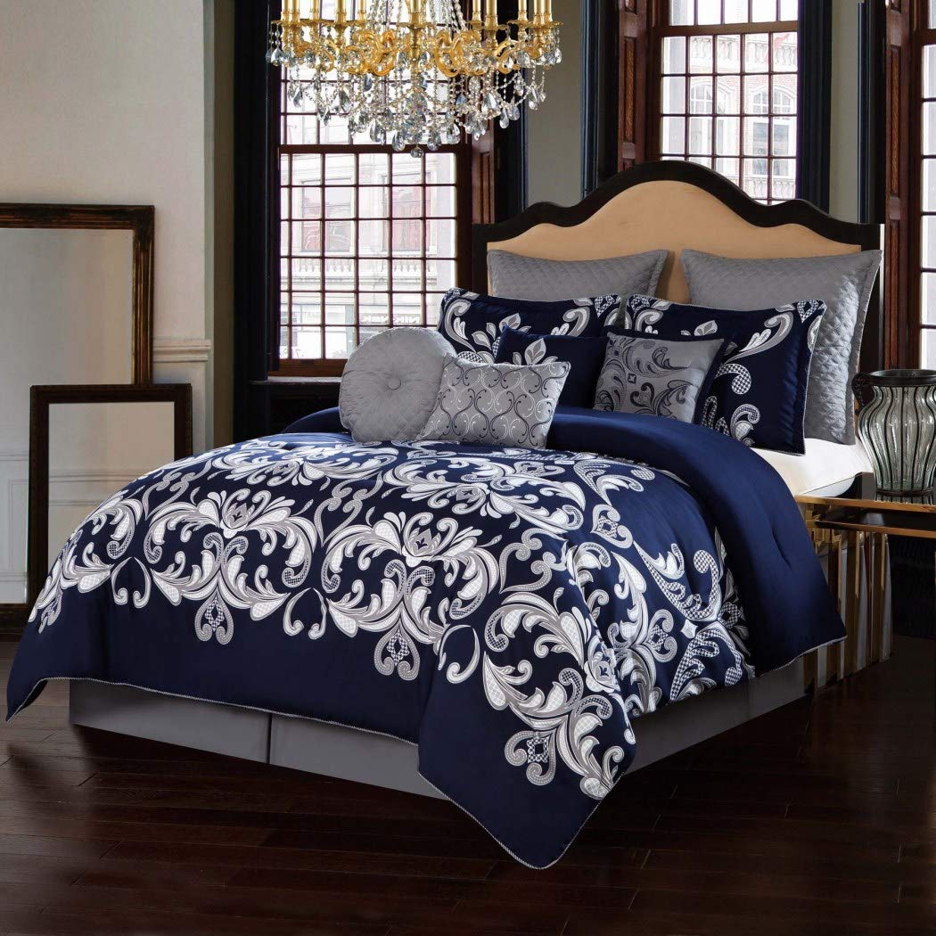 D&H 10 Piece Blue Silver White Damask Theme Comforter King Set Beautiful All