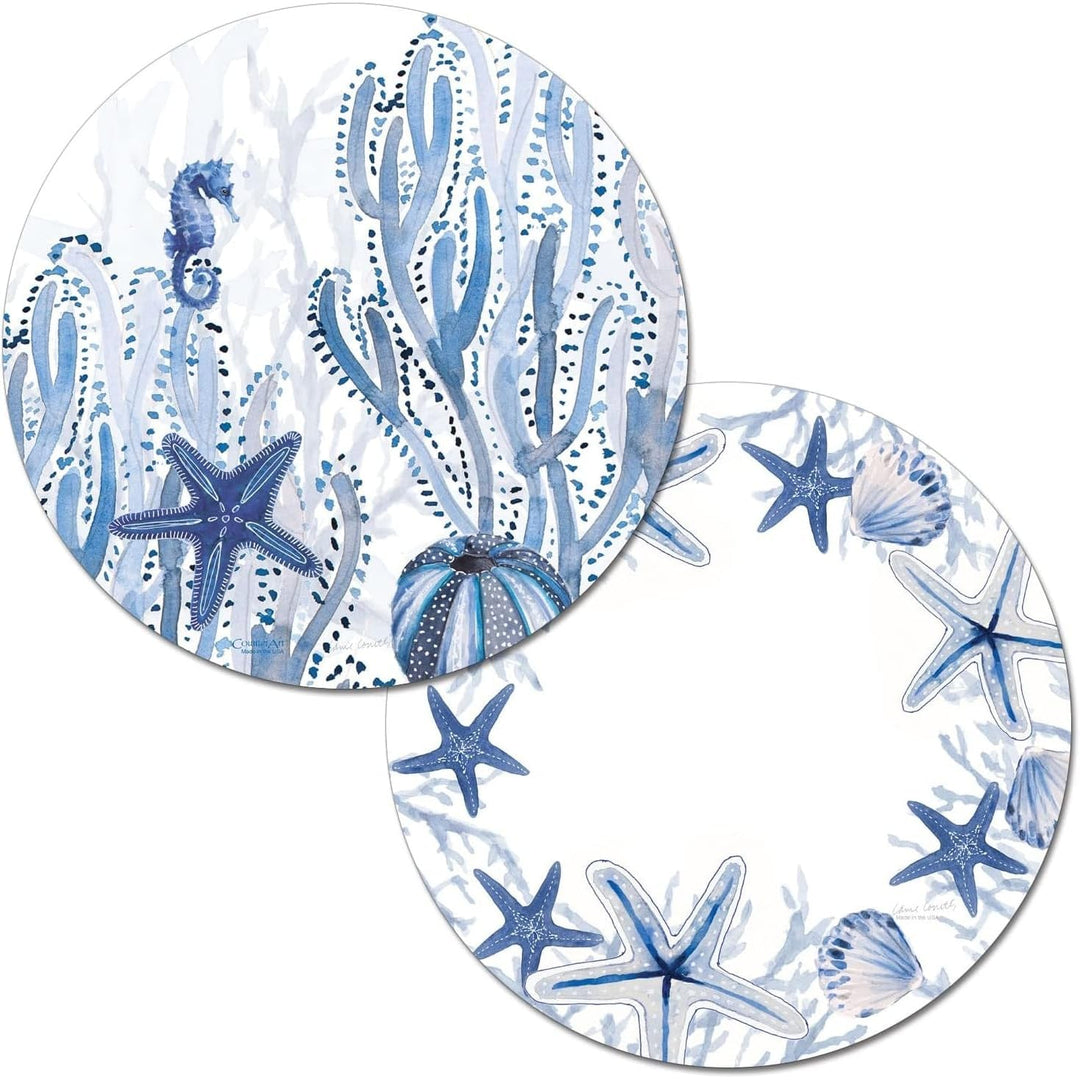 Wipe-Clean Reversible Round Shaped Placemats Indigo Coastal Set of 4 Made in The