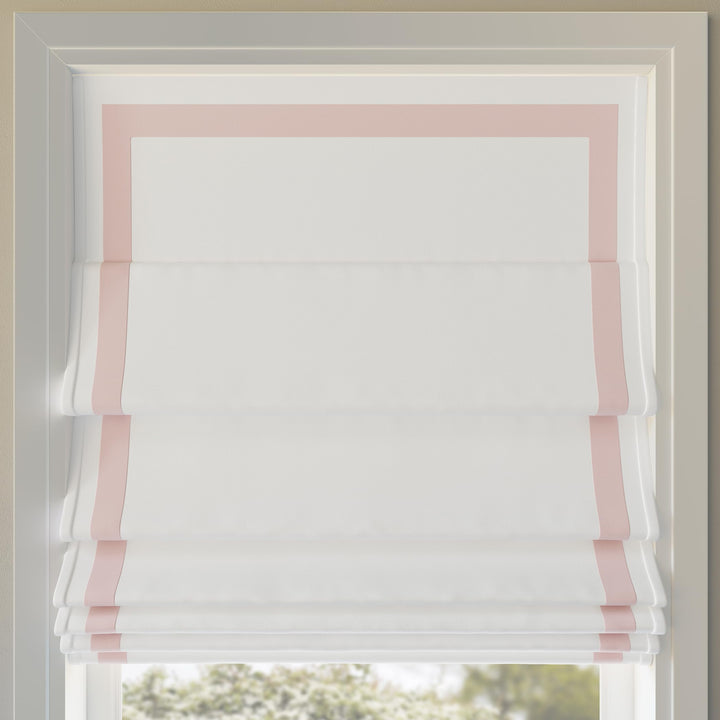 Sun Zero Marline Pink Ribbon Border Stripe 100% Blackout Cordless Roman Shade 39" x 64" - Pink/White