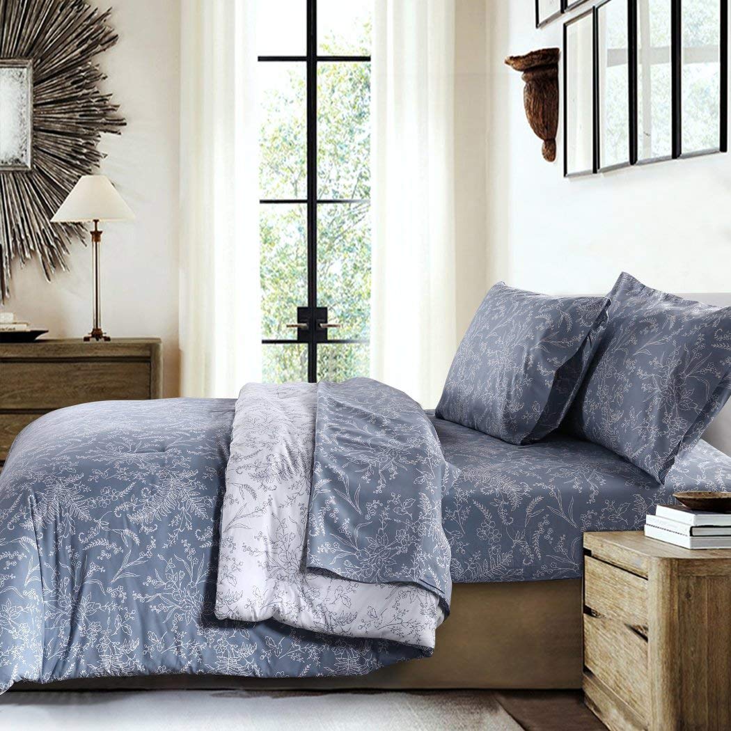 C&U 3 Piece Blue Floral Duvet Cover King/Cal King Luxurious Soft Brush Flower Blue - King - Cal King