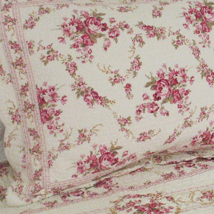 3 Piece Beautiful White Pink Red Floral Full Queen Quilt Set Flower Rose - Diamond Home USA