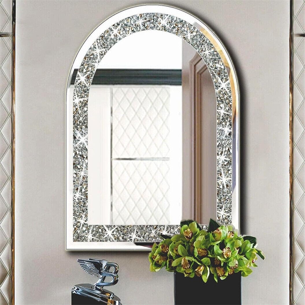 Crushed Diamond Long Arch Top Glass Mirror Silver Modern Contemporary Frameless