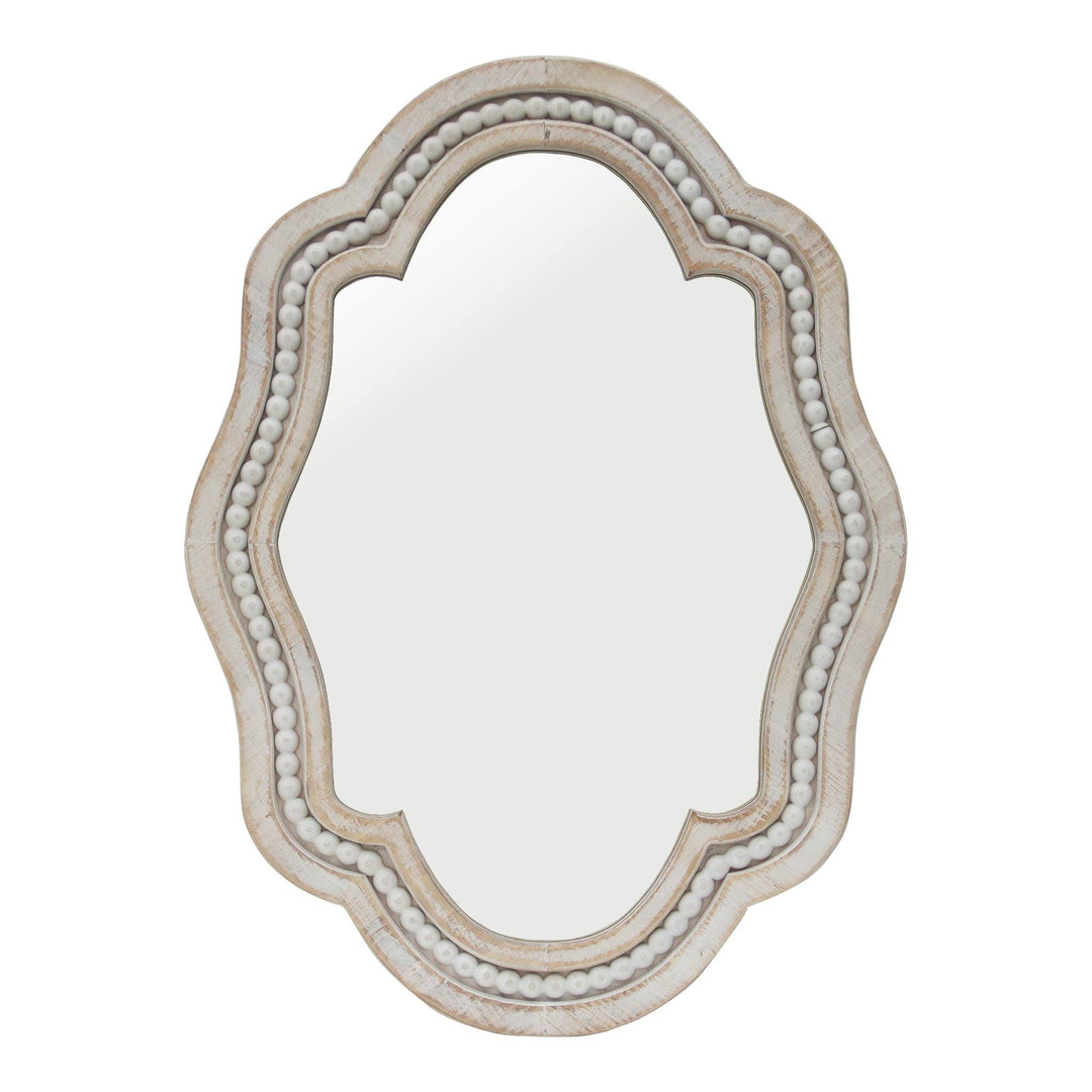 27" Tall Whitewash Wall Mirror with Beaded and Scalloped Edges White Handmade