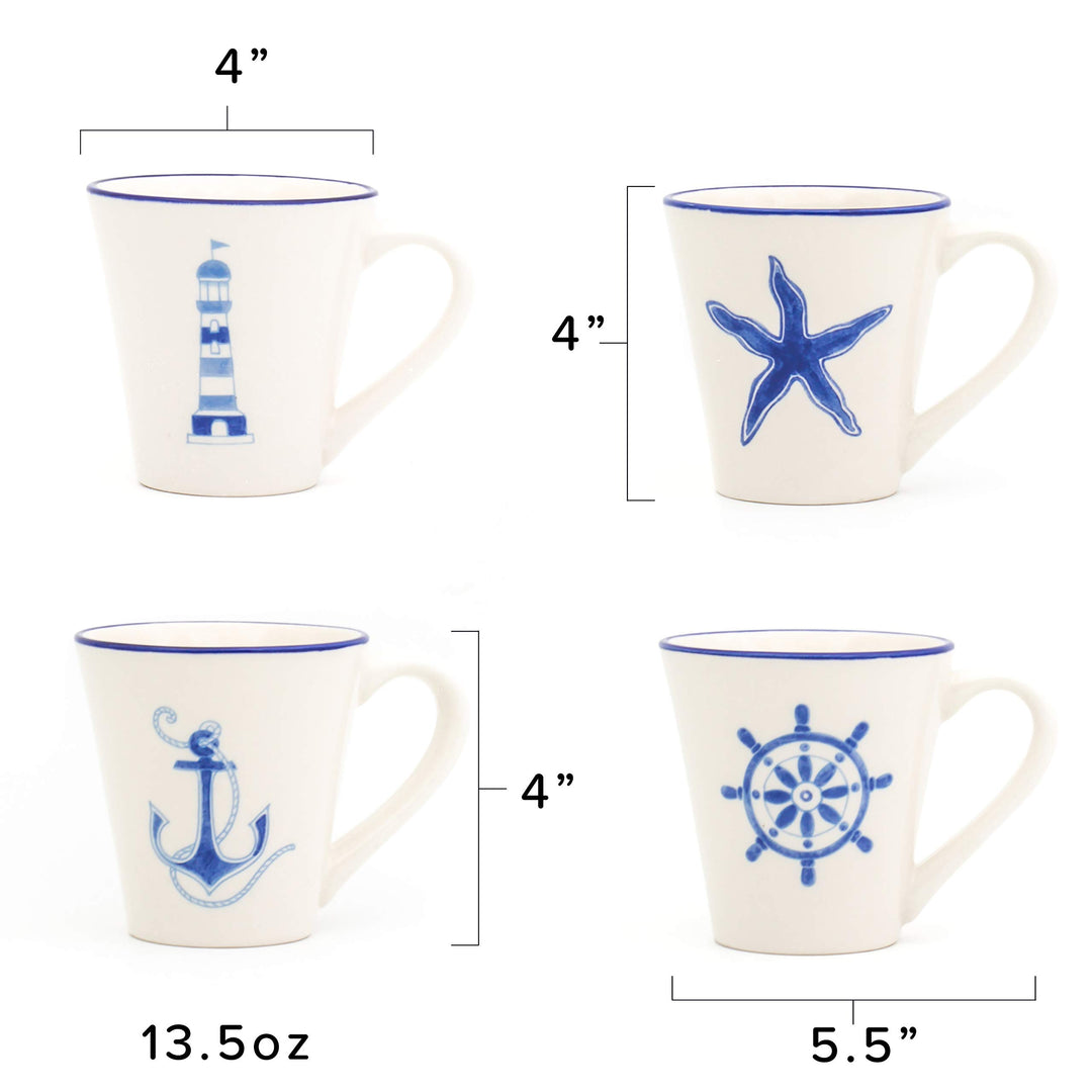 Euro Ceramica hoy Collection Nautical Ceramic Coffee/Tea Mugs 13.5oz Set of 4