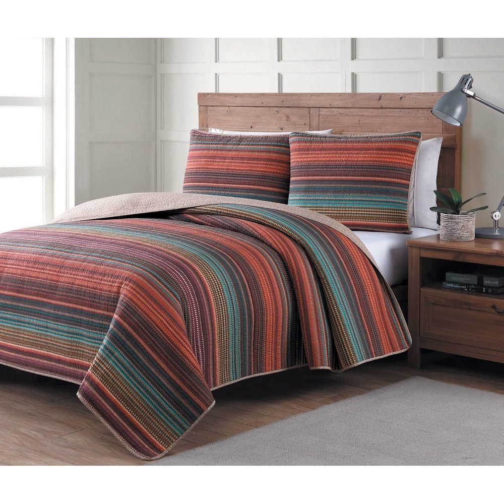 D&H 3 Piece Gem Tones Colorful Rainbow Stripes Quilt Full Queen Set Summer