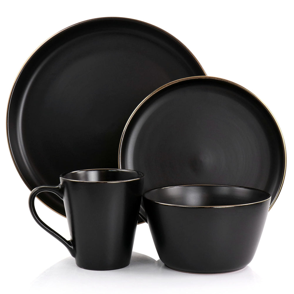 16 Piece Stoneware Dinnerware Set In Matte Black With Gold Rim Solid Modern - Diamond Home USA