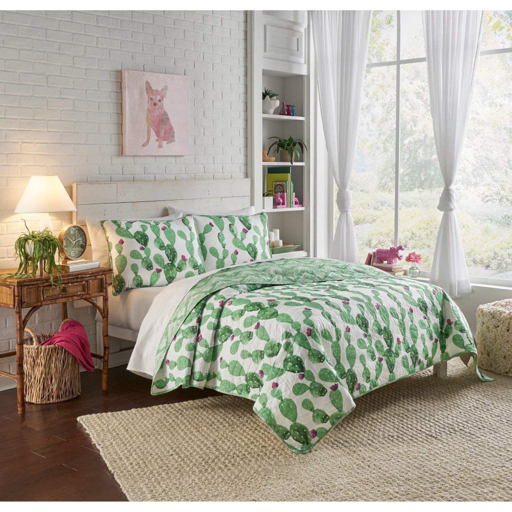 TN 3 Piece White Green Cactus Quilt Full Queen Set Western Desert Plant White - Full - Queen