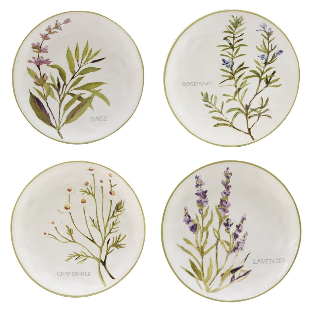 Fresh Herbs 9" Salad/dessert Plates Set Of 4 X Green Multi Color Off/White