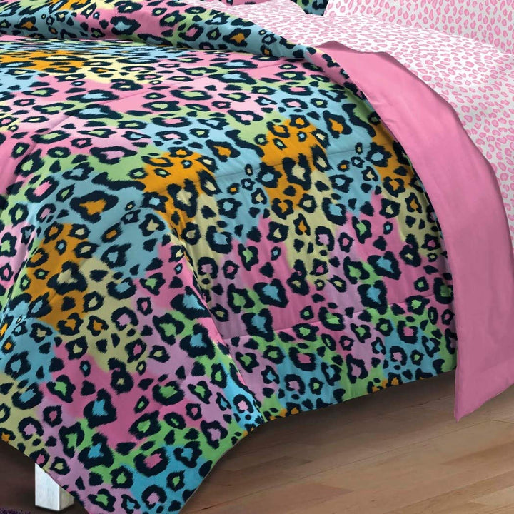 D&H 5 Piece Girls Teen Rainbow Leopard Themed Comforter Twin XL Set All Over