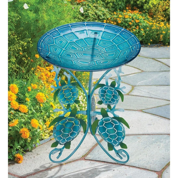 18" Birdbath with Decorative Stand Sea Turtle Blue Metal - Diamond Home USA