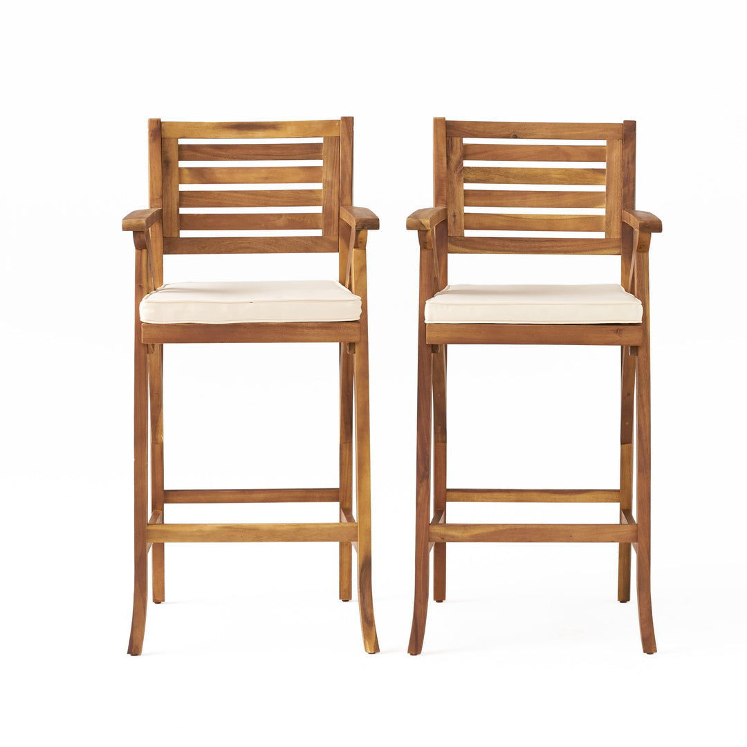 Christopher Knight Home Hermosa Acacia Wood Outdoor Barstools 2-Pcs Set Teak Brown+Cream