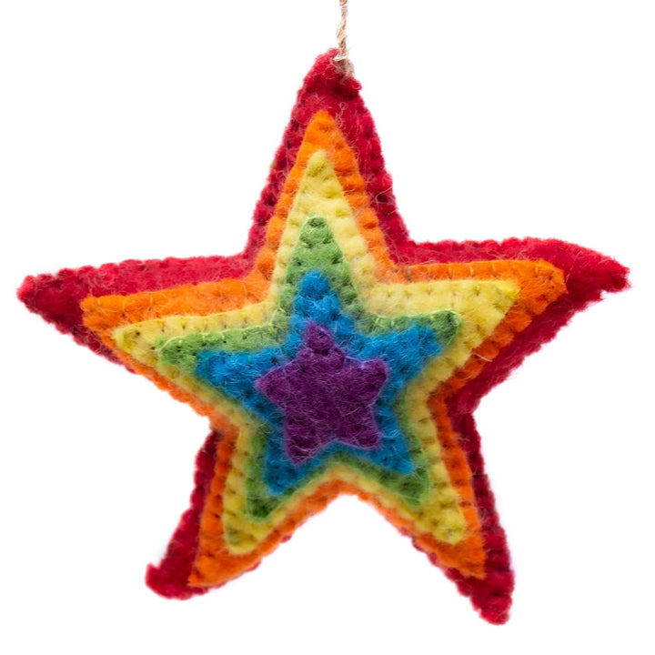 Rainbow Heart and Star Burst Handmade Felt Ornaments Set of 2 Red Wool