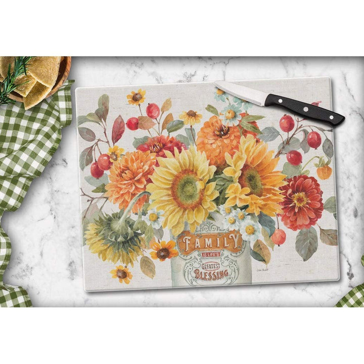 Glass Cutting Board Counter Saver 12"x15" Autumn In Bloom Multi Color