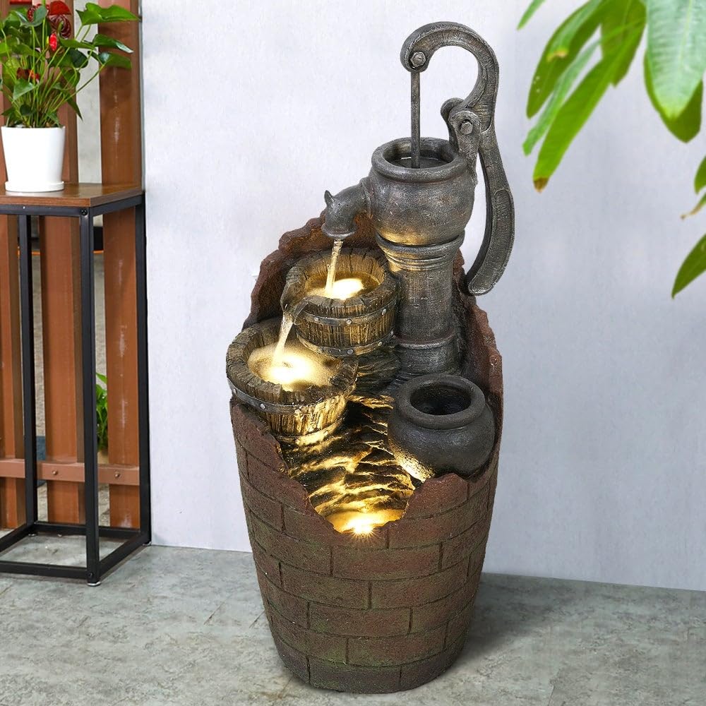 32.6-inch High Water Pump Cascading Fountain with Led Lights Brown Modern - Diamond Home USA