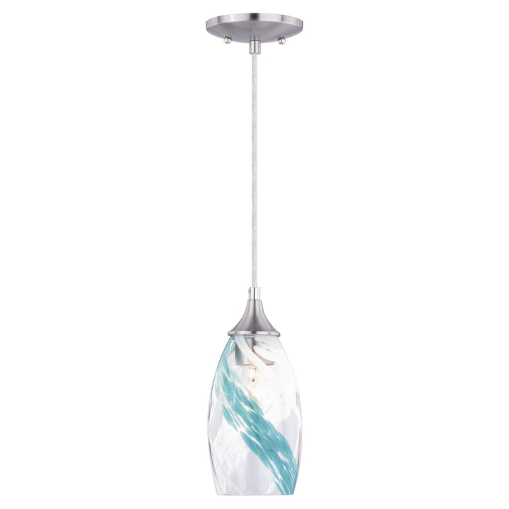 Satin Nickel Mini Pendant Ceiling Light Blue Glass - 4.75-in W X 9.75-in H D