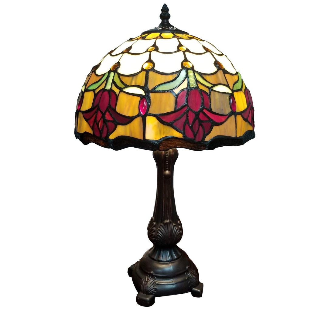 Tiffany Style Table Lamp Banker 19" Tall Stained Glass Red Yellow White Floral