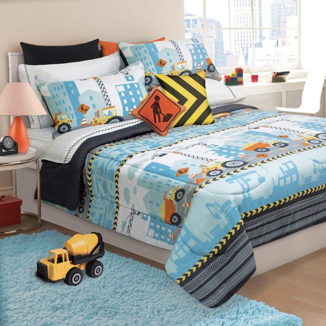 D.I.D. 2 Piece Kids Grey Orange Blue Construction Zone Themed Comforter Twin Set Twin - 2 Piece - Orange/Blue/Grey