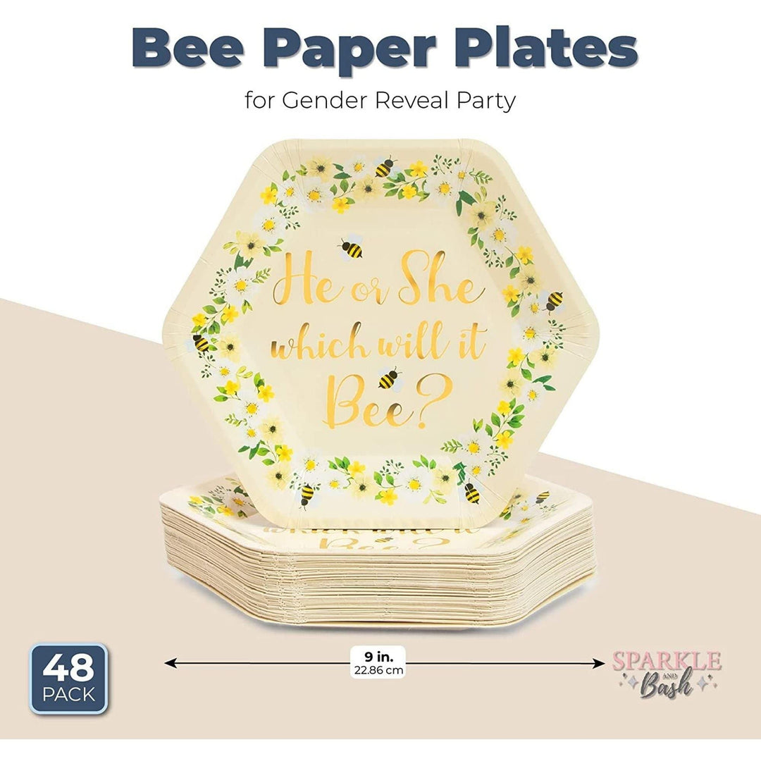 Bee Paper Plates For Gender Reveal Party (9 Inch Hexagon 48 Pack) White Floral