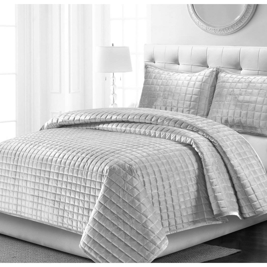 OSVT 3 Piece Silver Grey Chenille Quilt Set King Gray Geometric Diamond Silver Grey - King