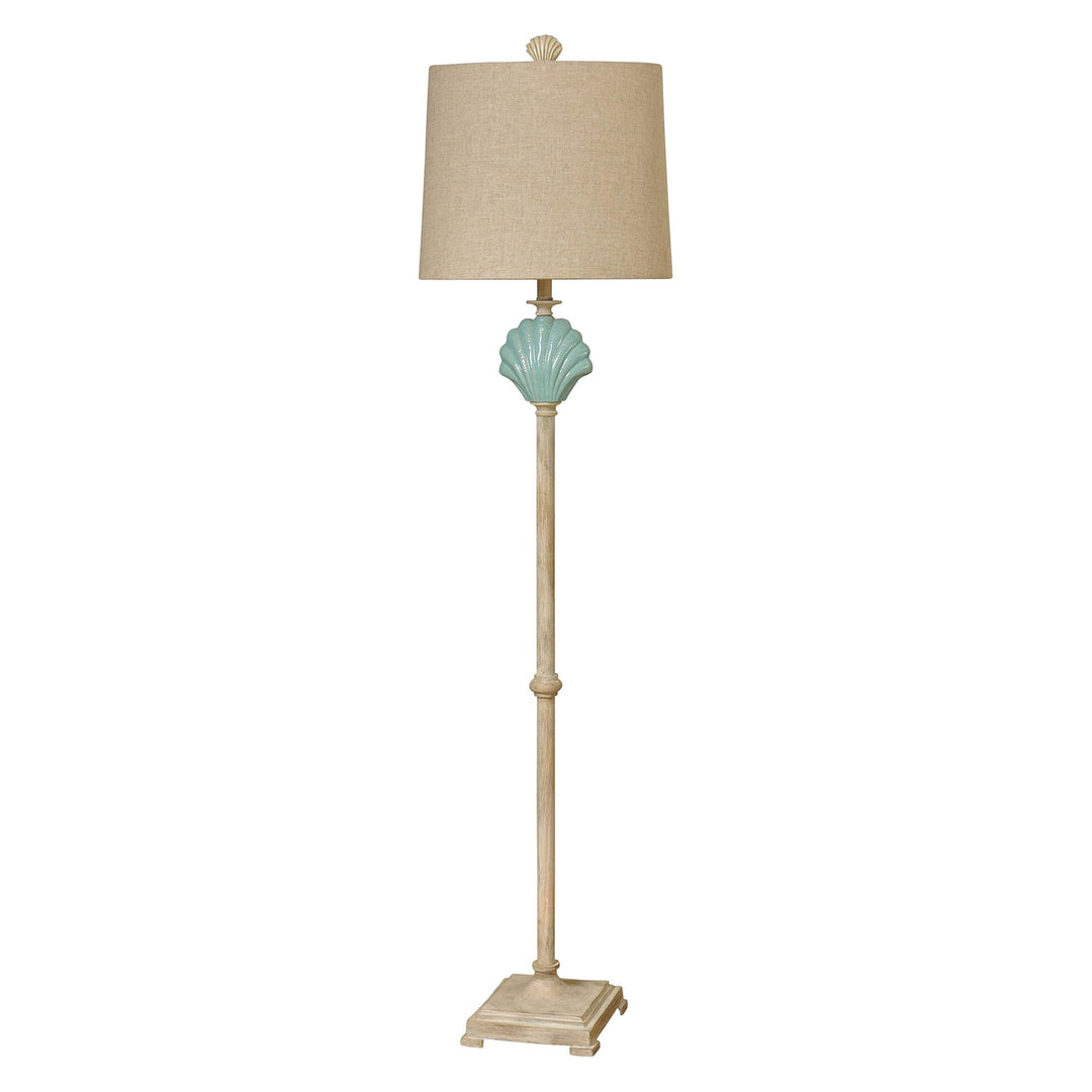 Beach Ceramic Floor Lamp with Light Blue Shell - Beige Hardback Fabric Shade