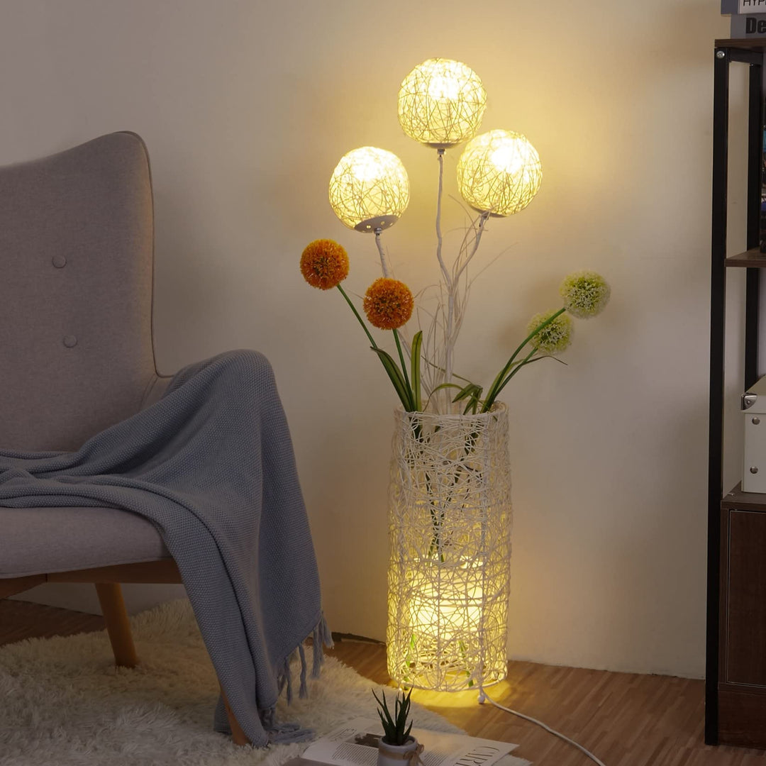 Rattan Led Floor Lamp with Flower Balls 42.9" Beige Mid-Century Modern Bulbs