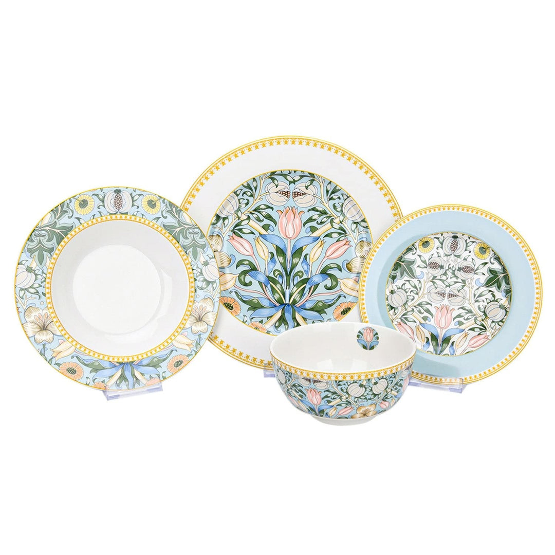 Durx-litecrete Garden Bone China Dinnerware Set of 24 for 6 Blue Floral Casual