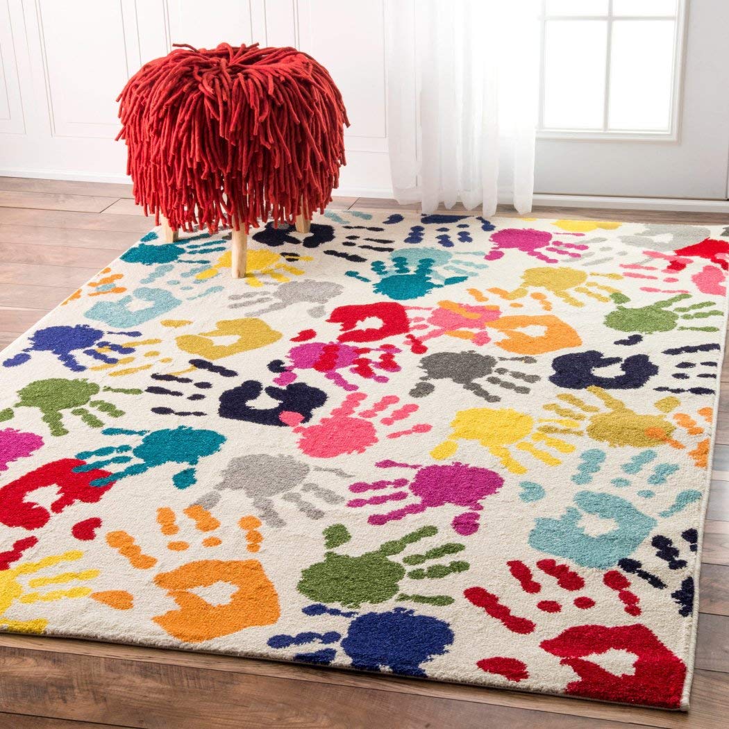 5' x 8' Kids n Blue Hand Print Pattern Area Rug Rectangle Indoor Orange