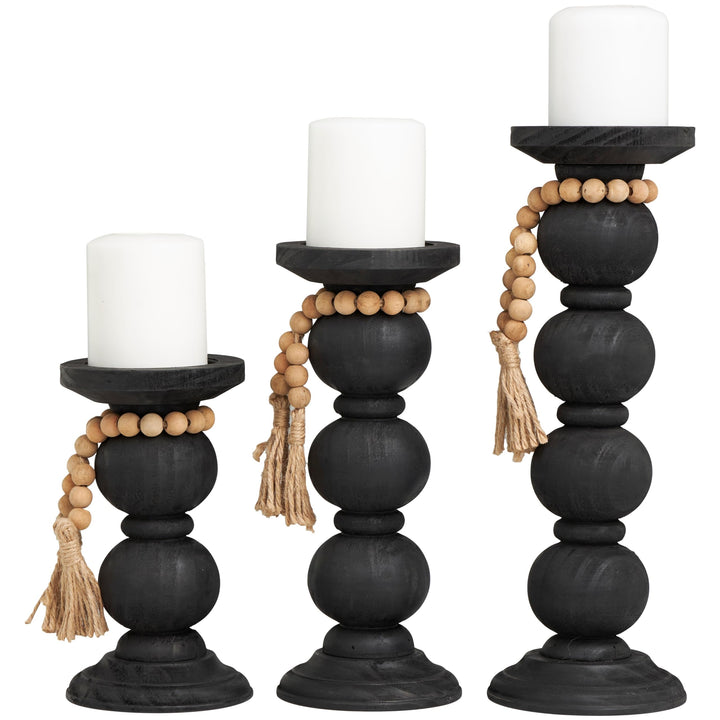 Black Wood Handmade Bubble Inspired Matte Candle Holder with Beaded Garland